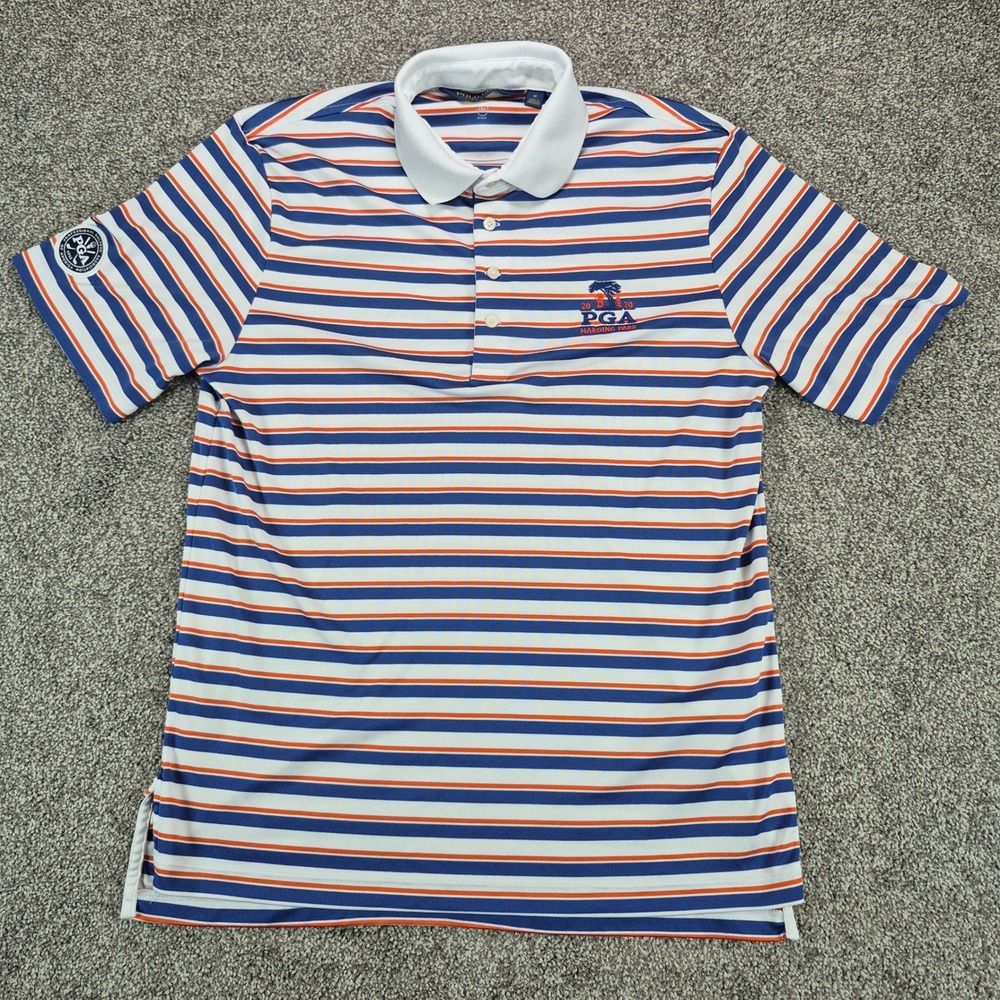 Polo Golf Ralph Lauren Shirt Mens Medium Blue Orange Striped Performance PGA